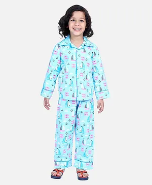 BownBee  Full Sleeves  Ship And Fish Printed Night Suit - Blue