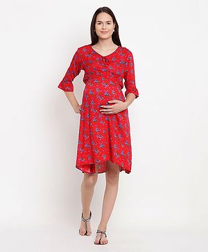 Side Knot Three Fourth Sleeves All Over Flowers Printed Flared Maternity Dress - Red