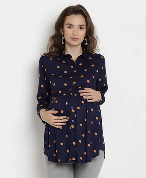 Side Knot Three Fourth Sleeves All Over Polka Dots Printed Shirt Style Maternity Top - Navy Blue
