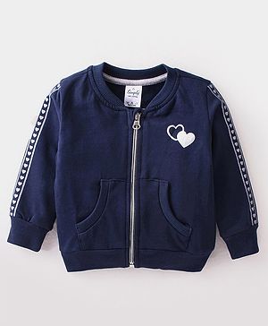 Simply Looper Fleece Full Sleeves Hooded Jacket Heart Print - Navy Blue