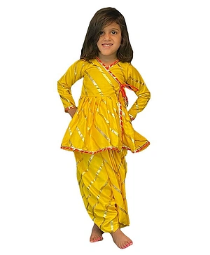 Aglare Girls Janmashtami Theme Third Fourth Sleeves Lace Embellished Angrakha Style Kurta And Dhoti With Mukut & Bansuri - Yellow
