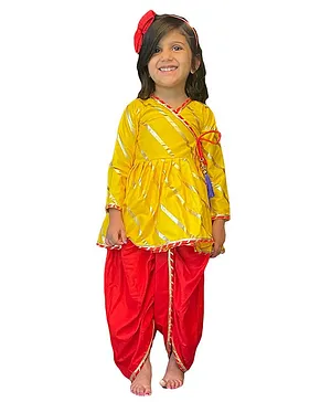 Aglare Janmashtami Theme Full Sleeves  Foil Striped Printed  And Gota Patti Embellished Kurta And Dhoti - Yellow And Red