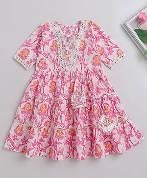 IndiUrbane Half Sleeves Floral Swirl Printed & Gota Lace Embellished Tiered Dress - Pink