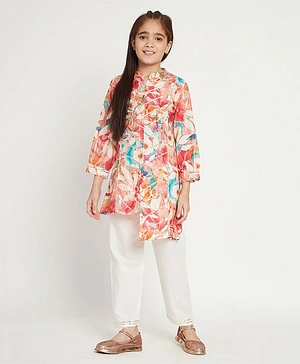 Readiprint Fashions Full Sleeves Seamless Watercolour Effect Floral Printed & Gota Lace Embellished High Low Kurta With Pyjama - Peach