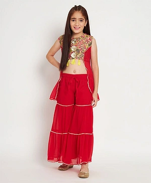 Readiprint Fashions Sleeveless Jaipuri Floral Swirl Printed Top With Gota Lace Embellished Sharara - Red