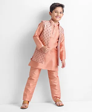 Ridokidz Full Sleeves Solid Kurta & Salwar With Striped Pattern Embroidered & Motif Prined Jacket - Peach