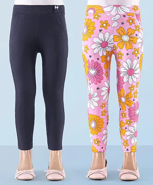 Honeyhap Premium Cotton Super Soft Stretchable Ankle Length Leggings Text Printed with Bio Finish Pack of 2- Navy & Pink