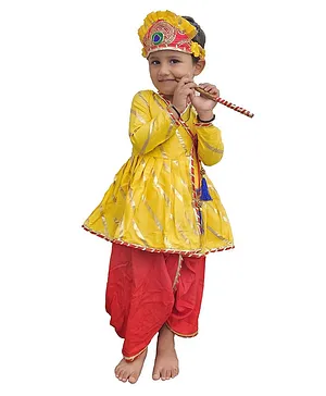 Aglare Janmashtami Theme Full Sleeves Full Sleeves Foil Striped & Gota Lace Embellished Readymade Kedia Set - Red & Yellow