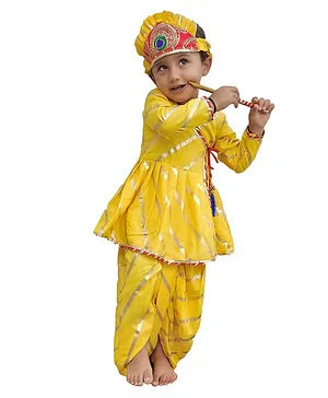 Aglare Janmashtami Theme Full Sleeves Embroidered And Foil Striped Printed Kurta And Dhoti - Yellow