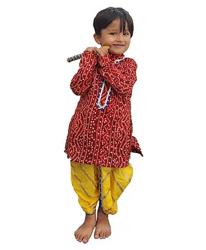 Aglare Janmashtami Theme Full Sleeves Bandhani Design Kurta &  Foil Striped Printed Dhoti - Red Yellow