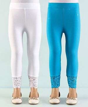 Honeyhap Premium Cotton Super Soft Stretchable Solid Ankle Length Leggings with Bio Finsh Pack of 2 - White & Turkish Tile