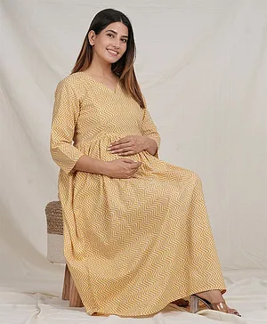 Sevyastore 100% Cotton Three Fourth Sleeves Chevron Printed Maternity Nursing Kurta Dress With Twin Zip For Feeding - Yellow