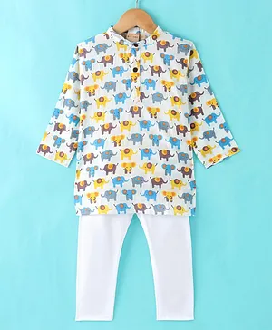 Ridokidz Full Sleeves Elephant Printed Kurta With Pyjama - White & Multi Colour