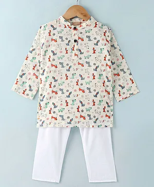 Ridokidz Full Sleeves Dog Printed  Kurta & Solid  Pyjama  - Off White