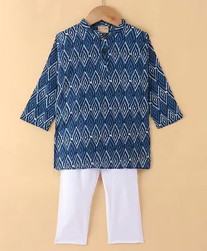 Ridokidz Full Sleeves Ikat Motif Designed Kurta With Pyjama - Blue