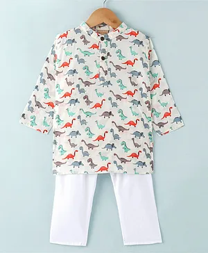 Ridokidz Full Sleeves Dinosaur Printed Kurta & Solid Pyjama  - Off White