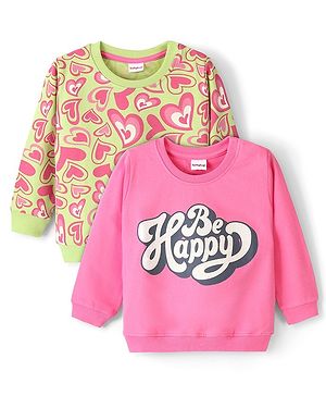 Babyhug Cotton Knit Full Sleeves Sweatshirt With Heart & Text Graphics - Pink