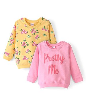 Babyhug Cotton Knit Full Sleeves Sweatshirt With Floral & Text Graphics Pack Of 2 - Pink & Yellow