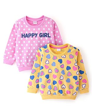 Babyhug 100% Cotton Knit Full Sleeves Sweatshirt With Heart & Dots Graphics Pack Of 2 - Yellow & Pink