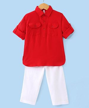 Babyhug Full Sleeves Solid Pathani Kurta & Pyjama Set - Red