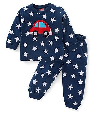 Babyhug Single Jersey Full Sleeves Night Suit with Stars & Car Print - Navy