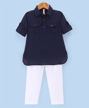 Babyhug Full Sleeves Solid Pathani Kurta & Pyjama Set - Navy Blue