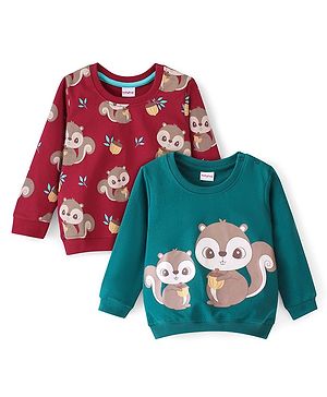 Babyhug 100% Cotton Knit Full Sleeves Sweatshirt With Squirrel Graphics Pack Of 2 - Red & Green