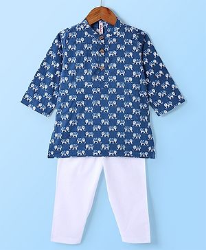 Babyhug Cotton Woven Full Sleeves Kurta and Pajama Set Elephant Print - Blue