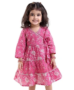 Babyhug Cotton Three Fourth Sleeve Ethnic Dress With Floral Print & Embroidery - Pink