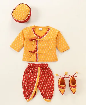 Babyhug Woven Full Sleeves Kurta & Dhoti Set with Cap & Booties Bandhani Print - Red & Yellow