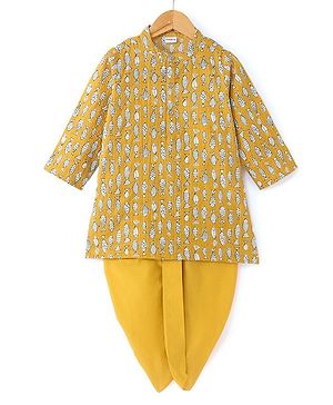 Babyhug 100% Cotton Woven Full Sleeves Kurta & Dhoti Set Marine Life Print - Yellow