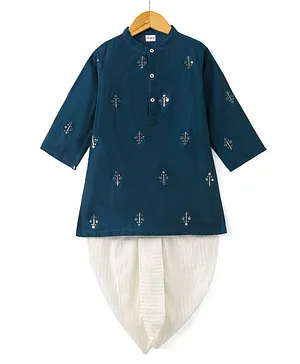 Babyhug Full Sleeves Floral Embroidery Kurta with Solid Dhoti Set - Teal Blue