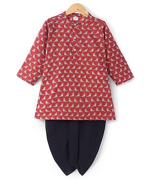 Babyhug Cotton Woven Full Sleeves Kurta & Dhoti Set Birds Print - Red