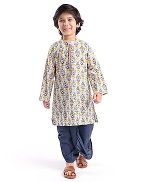 Babyhug 100% Cambric Fullh Sleeve Printed Kurta With Solid Dhoti Set - Off White & Navy