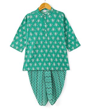Babyhug 100% Cotton Woven Kurta With Solid Dhoti Set With Leaves Print - Green
