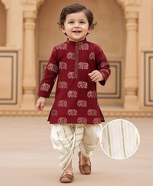 Babyhug 100% Cotton Woven Kurta With Solid Dhoti Set With Foil Printed - Off White & Maroon