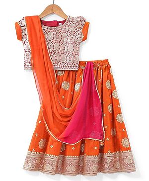 Babyhug Woven Half Sleeve Brocade Choli With Lehenga And Dupatta Set - Orange Red & Pink