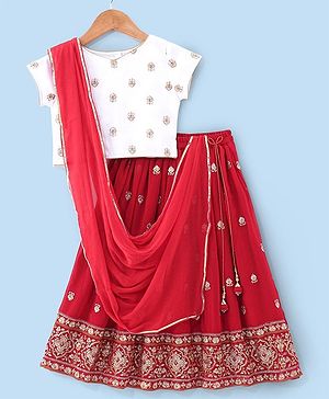 Babyhug Woven Half Sleeves Choli & Lehenga Set with Dupatta & Floral Embroidery - White & Red