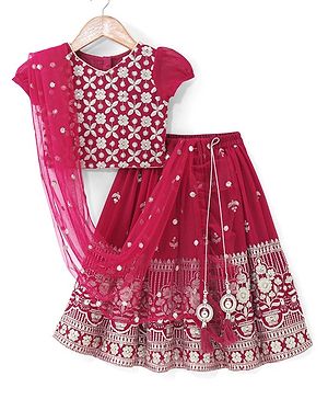 Babyhug Short Sleeve Floral Embroidered Choli with Lehenga and Dupatta Set-Hot Pink