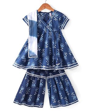 Babyhug 100% Cotton Woven Three Fourth Sleeve Floral Printed Kurta Palazo Set with Dupatta - Indigo
