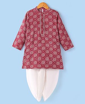 Babyhug 100% Cotton Woven Full Sleeves Bandhani Printed Kurta Dhoti Set - Red