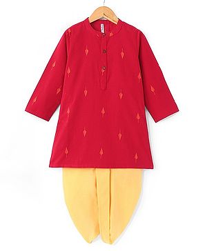 Babyhug 100% Cotton Woven Full Sleeves Handloom Embroidered Kurta Dhoti Set - Red