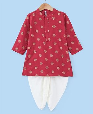 Babyhug Woven Full Sleeves Kurta & Dhoti Set Floral Gold Printed - Maroon & White