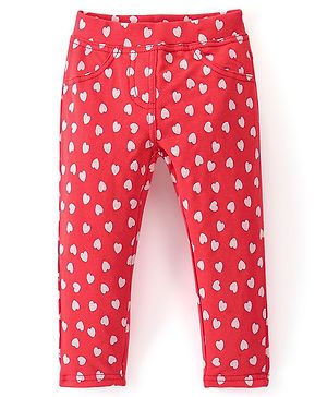 Babyhug Cotton Knit Full Length Jeggings Heart Print - Pink