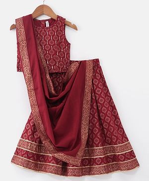 Babyhug  Sleeveless Foil Printed Lehenga Choli and Dupatta Set - Maroon