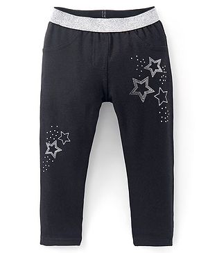 Babyhug Cotton Full Length Jeggings with Star Foil Print - Black