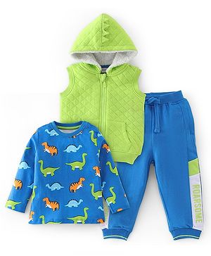Babyhug 100% Cotton Full Sleeves Hooded Jacket T-Shirt & Lounge Pants With Dino Print - Green & Blue