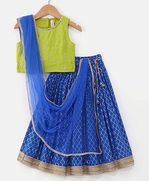 Babyhug Sleeveless Embroidered Choli With Foil Printed Lehenga and Dupatta Set -Blue