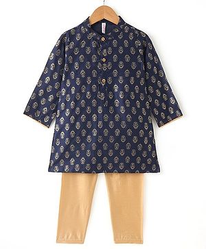 Babyhug Full Sleeves Foil Printed Kurta Pajama Set - Blue