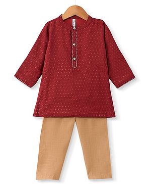 Babyhug Three Fourth Sleeve Swiss Dot Dobby Kurta With Pyjama Set -Red